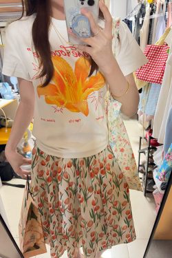 American Retro Floral Lily Print Short Sleeve T-Shirt for Women - Summer Casual Slim Fit, Versatile Y2K Style