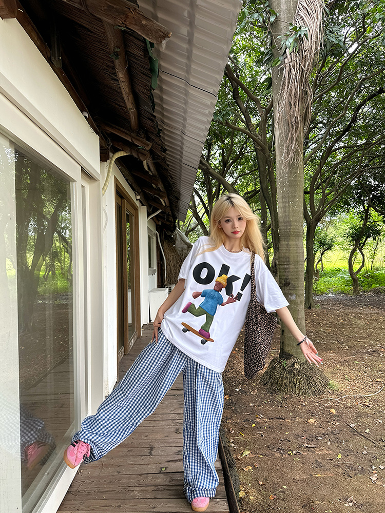 American Retro Fun Letter Print Short Sleeve T-Shirt for Couples - Loose Casual Versatile Top, Y2K Style American Retro Fun Letter Print Short Sleeve T-Shirt for Couples - Loose Casual Versatile Top, Y2K Style