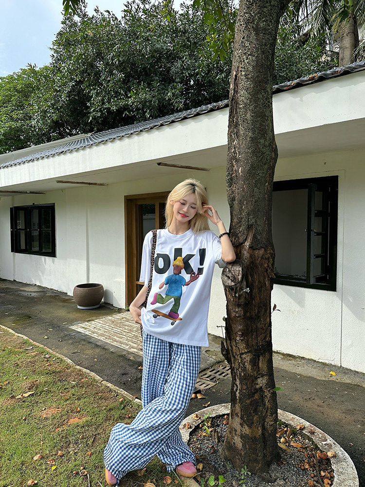 American Retro Fun Letter Print Short Sleeve T-Shirt for Couples - Loose Casual Versatile Top, Y2K Style American Retro Fun Letter Print Short Sleeve T-Shirt for Couples - Loose Casual Versatile Top, Y2K Style