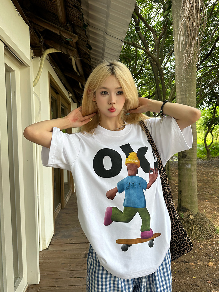 American Retro Fun Letter Print Short Sleeve T-Shirt for Couples - Loose Casual Versatile Top, Y2K Style American Retro Fun Letter Print Short Sleeve T-Shirt for Couples - Loose Casual Versatile Top, Y2K Style