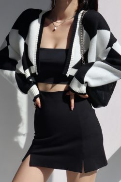 American Retro Girl Diamond Knit Cardigan - Short Loose Slimming V-Neck Long Sleeve Sweater Shawl Coat for Y2K Style