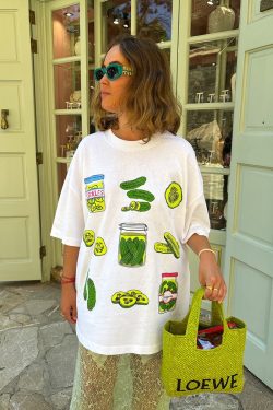 American Retro Green Fruit Print Oversized Short Sleeve T-Shirt for Women - Y2K European Style Hot Girl Fashion