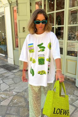 American Retro Green Fruit Print Oversized Short Sleeve T-Shirt for Women - Y2K European Style Hot Girl Fashion