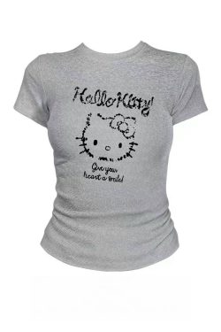 American Retro Hello Kitty Cartoon Printed Short-Sleeve T-Shirt for Women - Slim Fit Summer Style, Flattering Niche Design