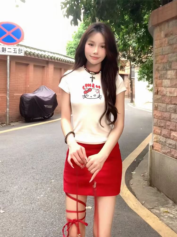 American Retro Hello Kitty White Short Sleeve T-Shirt for Women - Sweet and Spicy Summer Waist-Cinching Slimming Top American Retro Hello Kitty White Short Sleeve T-Shirt for Women - Sweet and Spicy Summer Waist-Cinching Slimming Top