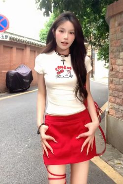 American Retro Hello Kitty White Short Sleeve T-Shirt for Women - Sweet and Spicy Summer Waist-Cinching Slimming Top