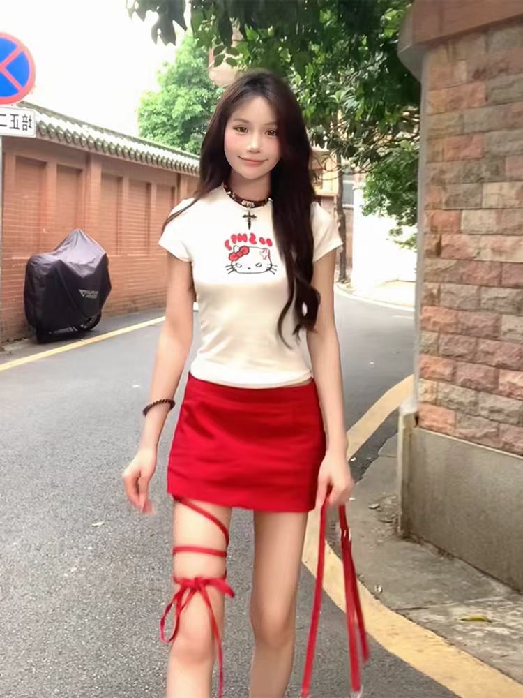 American Retro Hello Kitty White Short Sleeve T-Shirt for Women - Sweet and Spicy Summer Waist-Cinching Slimming Top American Retro Hello Kitty White Short Sleeve T-Shirt for Women - Sweet and Spicy Summer Waist-Cinching Slimming Top