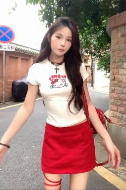 American Retro Hello Kitty White Short Sleeve T-Shirt for Women - Sweet and Spicy Summer Waist-Cinching Slimming Top