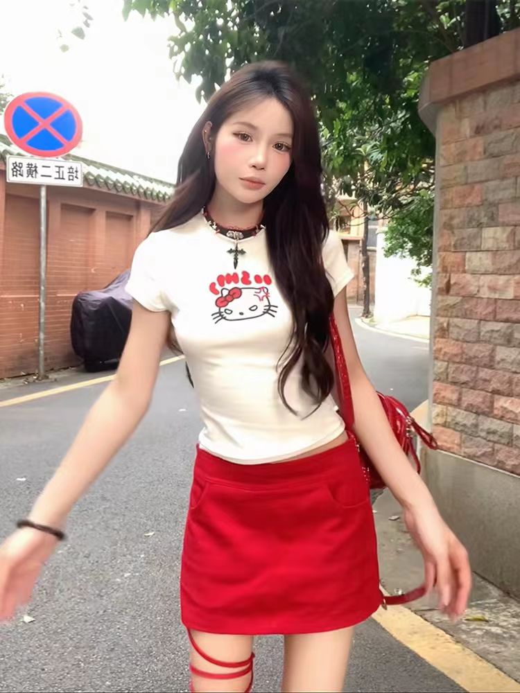 American Retro Hello Kitty White Short Sleeve T-Shirt for Women - Sweet and Spicy Summer Waist-Cinching Slimming Top American Retro Hello Kitty White Short Sleeve T-Shirt for Women - Sweet and Spicy Summer Waist-Cinching Slimming Top