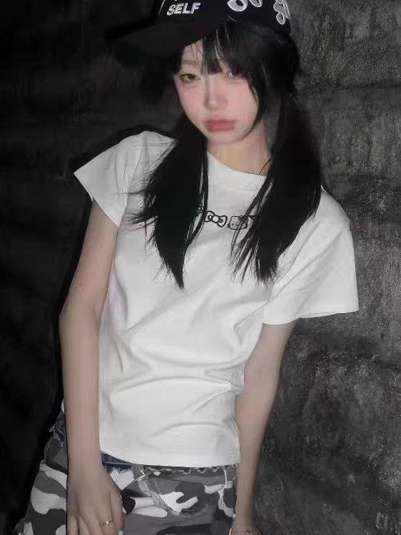 American Retro Kitty Cat Print White Short Sleeve T-Shirt for Women - Summer Slim Fit Trendy Top, Y2K Style American Retro Kitty Cat Print White Short Sleeve T-Shirt for Women - Summer Slim Fit Trendy Top, Y2K Style