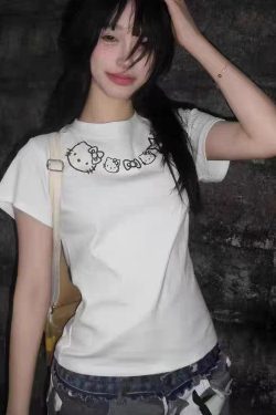 American Retro Kitty Cat Print White Short Sleeve T-Shirt for Women - Summer Slim Fit Trendy Top, Y2K Style