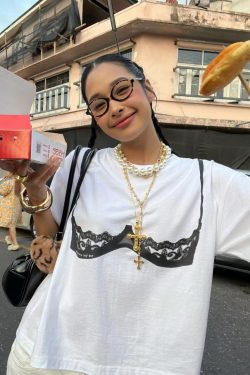 American Retro Lace Corset Short Sleeve T-Shirt for Women - Oversized Spicy Girl Top with Trendy Print