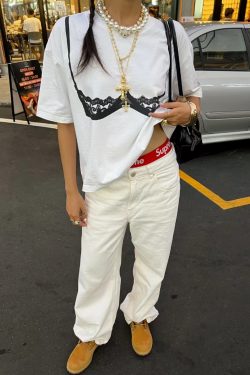 American Retro Lace Corset Short Sleeve T-Shirt for Women - Oversized Spicy Girl Top with Trendy Print