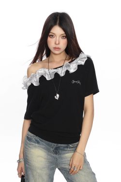 American Retro Lace Off-Shoulder One-Shoulder Short Sleeve T-Shirt for Women - Summer Spicy Girl Top, Y2K Fashion Trend