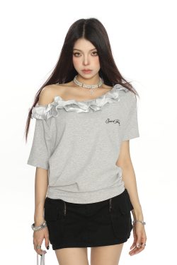 American Retro Lace Off-Shoulder One-Shoulder Short Sleeve T-Shirt for Women - Summer Spicy Girl Top, Y2K Fashion Trend