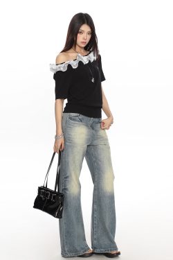 American Retro Lace Off-Shoulder One-Shoulder Short Sleeve T-Shirt for Women - Summer Spicy Girl Top, Y2K Fashion Trend