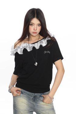 American Retro Lace Off-Shoulder One-Shoulder Short Sleeve T-Shirt for Women - Summer Spicy Girl Top, Y2K Fashion Trend