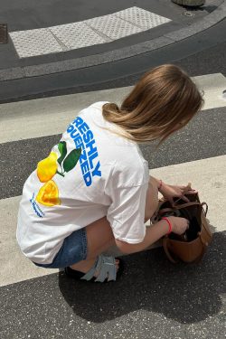 American Retro Lemon Print Oversized Cotton Short Sleeve T-Shirt for Women - Trendy Y2K Style Top