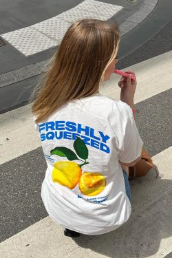 American Retro Lemon Print Oversized Cotton Short Sleeve T-Shirt for Women - Trendy Y2K Style Top