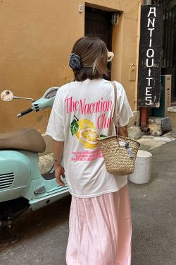 American Retro Lemon Print White Cotton Oversized T-Shirt - Trendy Summer Short Sleeve for Women, Y2K European Style