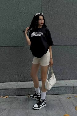 American Retro Letter Print Black Oversized Short Sleeve T-Shirt for Women, Trendy Y2K Style, Spicy Cutout Design