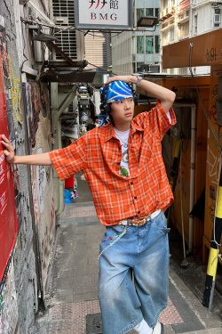 American Retro Orange Plaid Long Sleeve Shirt for Men and Women - Loose-Fitting Casual High Street Couple Top