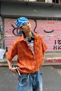 American Retro Orange Plaid Long Sleeve Shirt for Men and Women - Loose-Fitting Casual High Street Couple Top