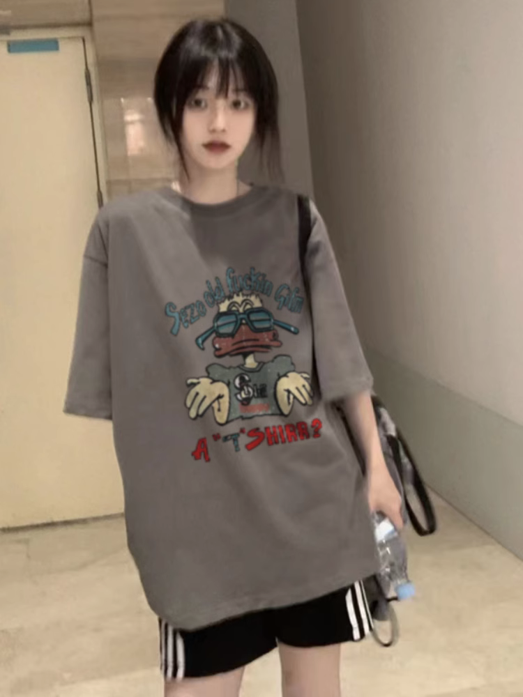 American Retro Oversized Cotton Duck Short-Sleeve T-Shirt for Men and Women, Plus Size, Loose Fit, Trendy Couple's Outfit American Retro Oversized Cotton Duck Short-Sleeve T-Shirt for Men and Women, Plus Size, Loose Fit, Trendy Couple's Outfit