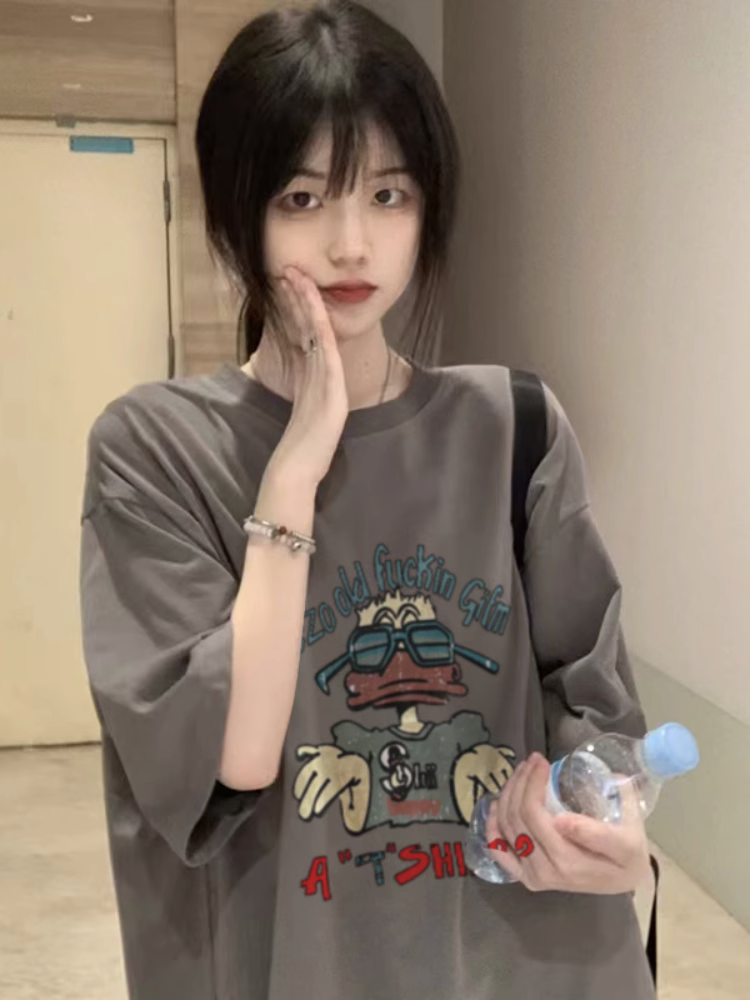 American Retro Oversized Cotton Duck Short-Sleeve T-Shirt for Men and Women, Plus Size, Loose Fit, Trendy Couple's Outfit American Retro Oversized Cotton Duck Short-Sleeve T-Shirt for Men and Women, Plus Size, Loose Fit, Trendy Couple's Outfit