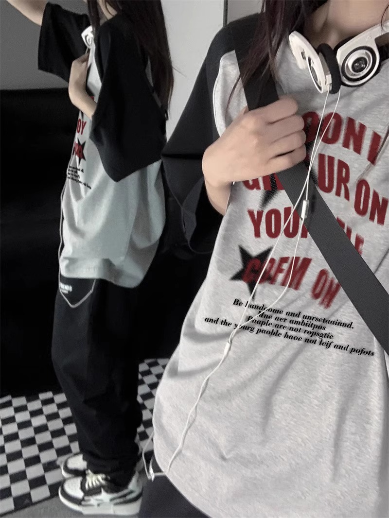 American Retro Patchwork Raglan Short Sleeve T-Shirt for Men and Women, Plus Size, Loose Fit, Trendy Hong Kong Style Couple Top American Retro Patchwork Raglan Short Sleeve T-Shirt for Men and Women, Plus Size, Loose Fit, Trendy Hong Kong Style Couple Top