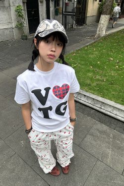 American Retro Plaid Heart Print Short Sleeve T-Shirt for Men and Women, Loose Casual Fit, Trendy Versatile Y2K Style Top