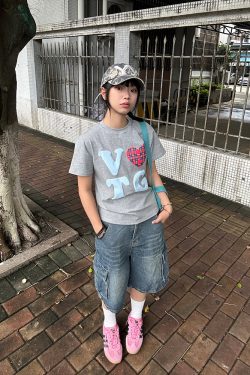 American Retro Plaid Heart Print Short Sleeve T-Shirt for Men and Women, Loose Casual Fit, Trendy Versatile Y2K Style Top