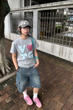 American Retro Plaid Heart Print Short Sleeve T-Shirt for Men and Women, Loose Casual Fit, Trendy Versatile Y2K Style Top