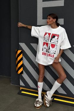 American Retro Quirky Cartoon Mermaid Sea Monster Print Oversized Short Sleeve T-Shirt for Women - Y2K Hot Girl Style