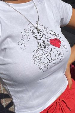 American Retro Rabbit Graphic White Short Sleeve Crop T-Shirt for Women - Summer Y2K Style ABG Hot Girl Top