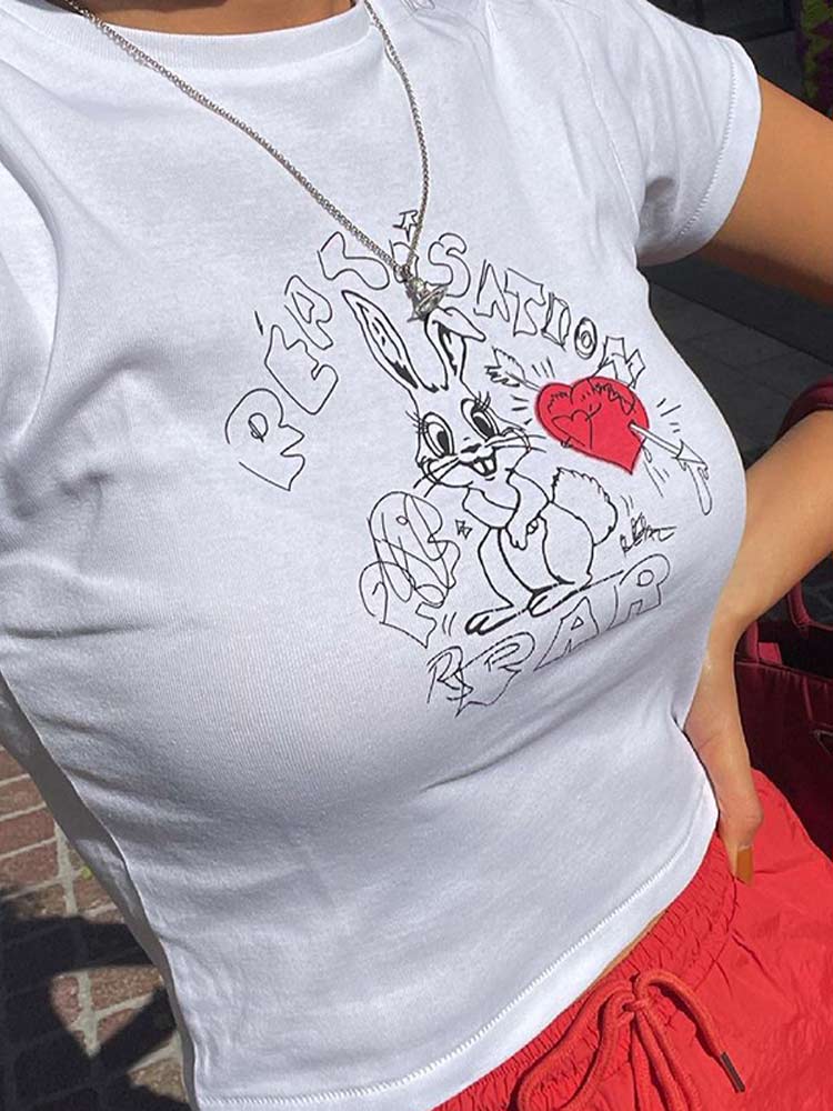American Retro Rabbit Graphic White Short Sleeve Crop T-Shirt for Women - Summer Y2K Style ABG Hot Girl Top American Retro Rabbit Graphic White Short Sleeve Crop T-Shirt for Women - Summer Y2K Style ABG Hot Girl Top