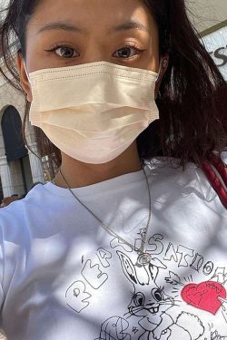 American Retro Rabbit Graphic White Short Sleeve Crop T-Shirt for Women - Summer Y2K Style ABG Hot Girl Top