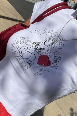 American Retro Rabbit Graphic White Short Sleeve Crop T-Shirt for Women - Summer Y2K Style ABG Hot Girl Top