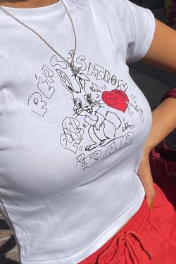 American Retro Rabbit Graphic White Short Sleeve Crop T-Shirt for Women - Summer Y2K Style ABG Hot Girl Top