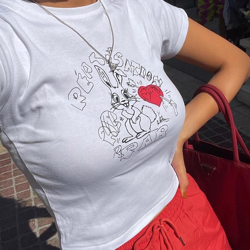 American Retro Rabbit Graphic White Short Sleeve Crop T-Shirt for Women - Summer Y2K Style ABG Hot Girl Top American Retro Rabbit Graphic White Short Sleeve Crop T-Shirt for Women - Summer Y2K Style ABG Hot Girl Top