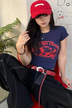 American Retro Slim-Fit Round Neck Cartoon Print T-Shirt for Women - Flattering Short Sleeve Summer 2025 Style