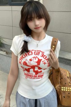 American Retro Slim-Fit Round Neck Cartoon Print T-Shirt for Women - Flattering Short Sleeve Summer 2025 Style