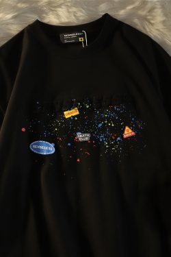 American Retro Splatter Letter Pure Cotton Short Sleeve T-Shirt for Men and Women, Plus Size, Loose Fit, Unisex Casual Wear