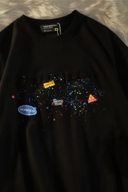 American Retro Splatter Letter Pure Cotton Short Sleeve T-Shirt for Men and Women, Plus Size, Loose Fit, Unisex Casual Wear