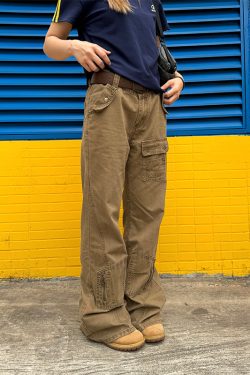 American Retro Straight-Leg Micro-Flare Work Pants for Men and Women, Multi-Pocket Street Style Spliced Long Pants