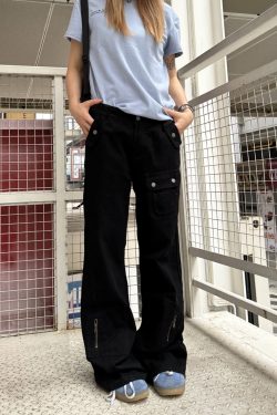 American Retro Straight-Leg Micro-Flare Work Pants for Men and Women, Multi-Pocket Street Style Spliced Long Pants