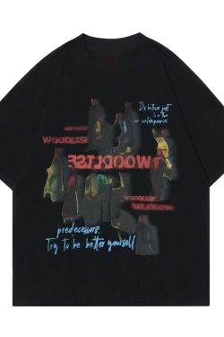 American Retro Streetwear Illusion Portrait Print Short Sleeve T-Shirt for Couples - Loose Fit, 90s Inspired Style