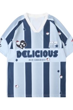 American Retro Striped Color-Blocking V-Neck Short Sleeve Jersey T-Shirt for Men and Women - Breathable Summer Sports Base Layer