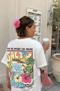 American Retro Summer Seaside Scenery Cotton Short-Sleeve T-Shirt for Women - Oversized Y2K Trendy Hot Girl Top