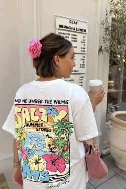 American Retro Summer Seaside Scenery Cotton Short-Sleeve T-Shirt for Women - Oversized Y2K Trendy Hot Girl Top